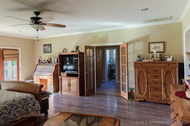 bedroom with french doors, crown molding, ceiling fan, and dark wood-type flooring