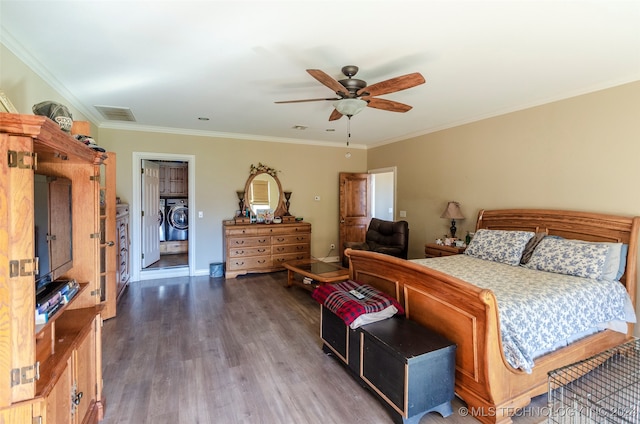 bedroom featuring ceiling fan, dark hardwood / wood-style flooring, washer / dryer, a closet, and ornamental molding