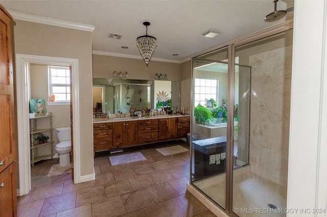 bathroom with walk in shower, vanity, crown molding, a notable chandelier, and toilet