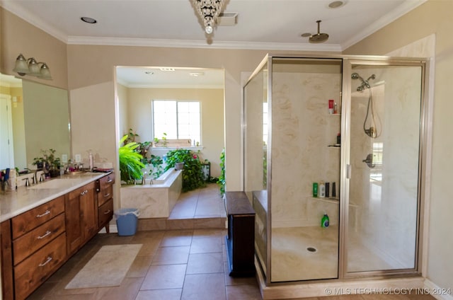 bathroom with tile patterned flooring, vanity, independent shower and bath, and crown molding