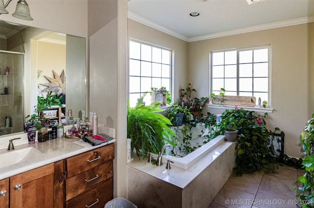 bathroom with tile patterned floors, plus walk in shower, vanity, and ornamental molding