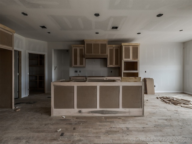 kitchen featuring wood-type flooring and custom range hood