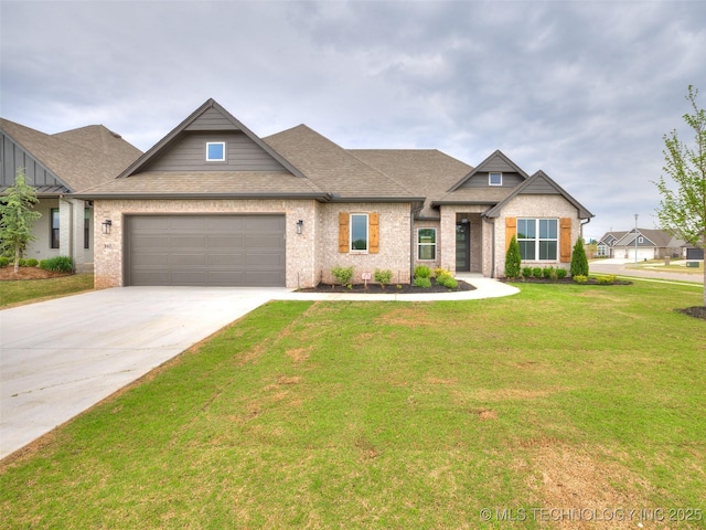 craftsman inspired home featuring a garage, roof with shingles, a front lawn, and concrete driveway