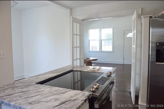 kitchen featuring stainless steel appliances, light stone countertops, and dark hardwood / wood-style flooring