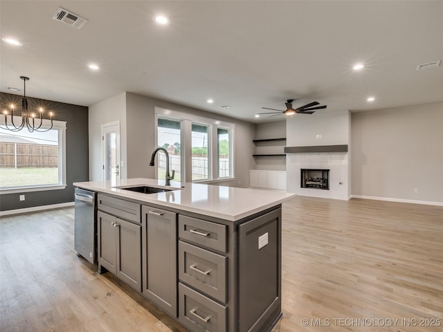 kitchen with a sink, an island with sink, gray cabinets, light wood-style flooring, and visible vents