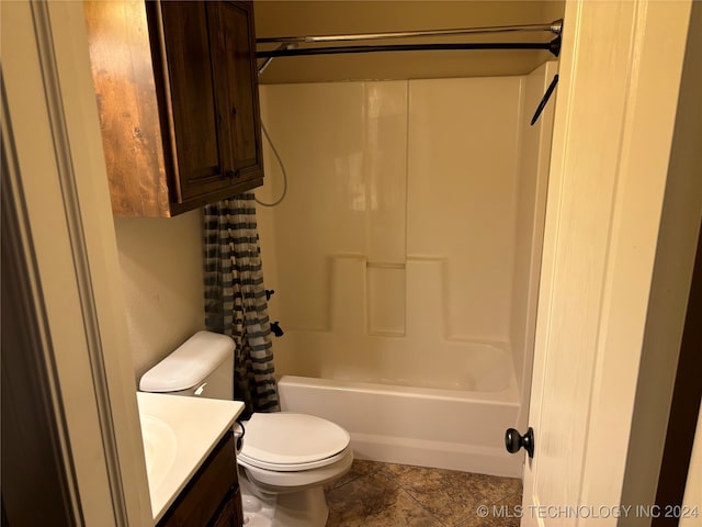 full bathroom with shower / bath combination with curtain, vanity, and toilet