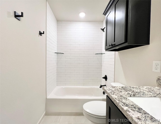 full bath featuring shower / bathing tub combination, toilet, vanity, tile patterned flooring, and baseboards