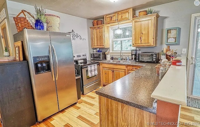 kitchen with stainless steel appliances, light hardwood / wood-style flooring, and sink