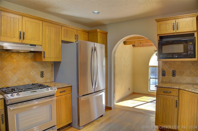 kitchen with light stone countertops, appliances with stainless steel finishes, tasteful backsplash, and light hardwood / wood-style flooring