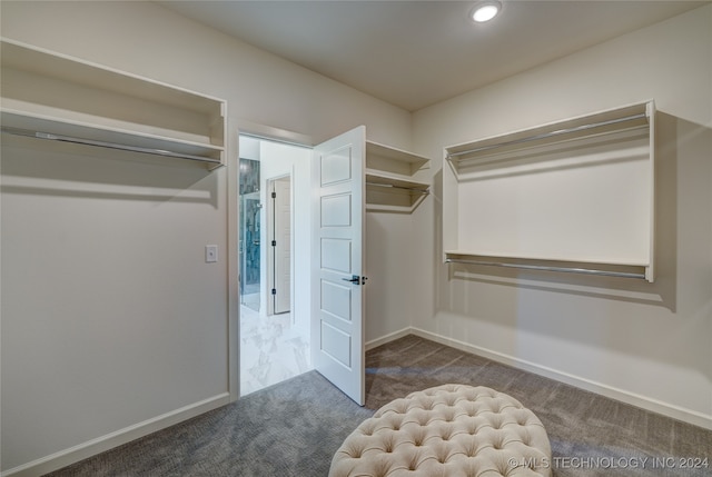 walk in closet featuring dark colored carpet