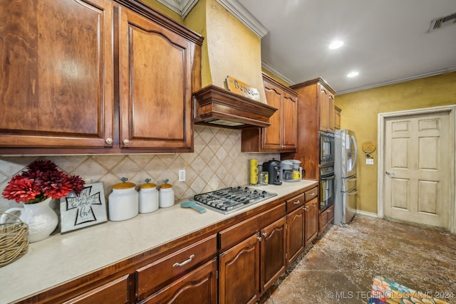 kitchen featuring custom exhaust hood, crown molding, decorative backsplash, and stainless steel appliances