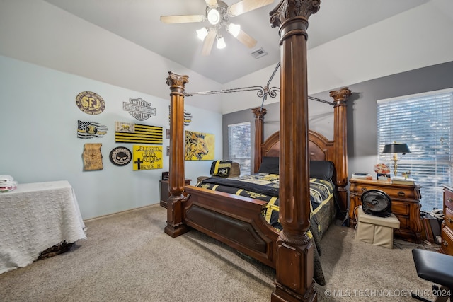 bedroom featuring carpet, ceiling fan, lofted ceiling, and decorative columns