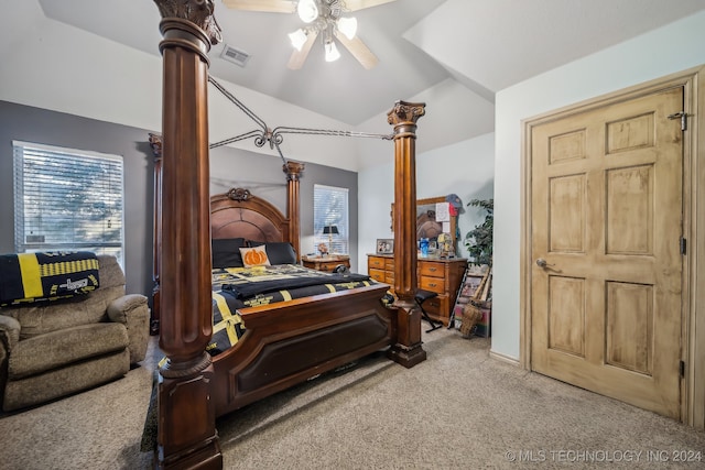 bedroom with carpet flooring, ceiling fan, and lofted ceiling