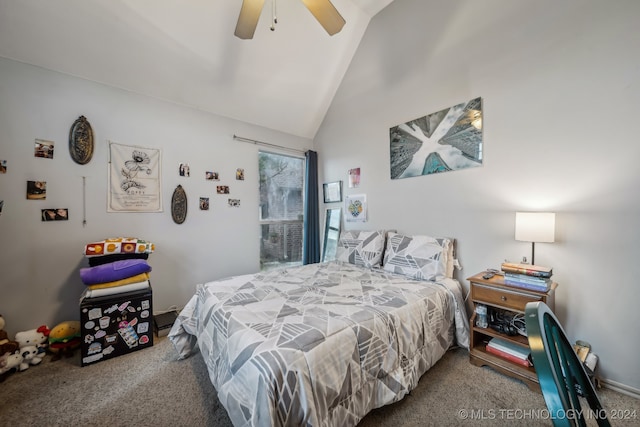 bedroom featuring carpet, ceiling fan, and lofted ceiling