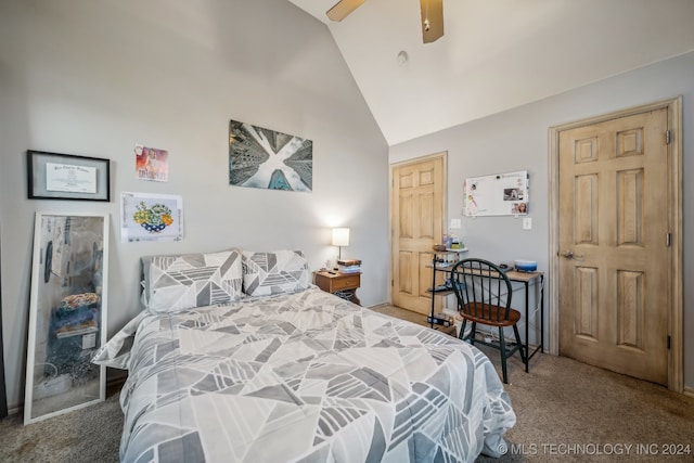 carpeted bedroom with high vaulted ceiling and ceiling fan