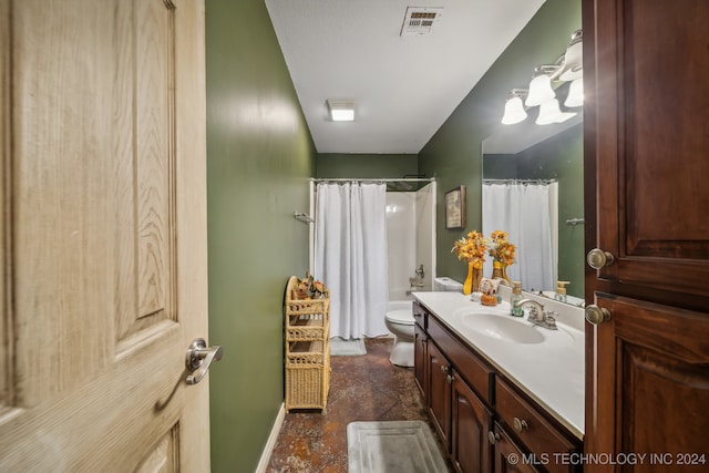 full bathroom with shower / bathtub combination with curtain, vanity, a notable chandelier, and toilet