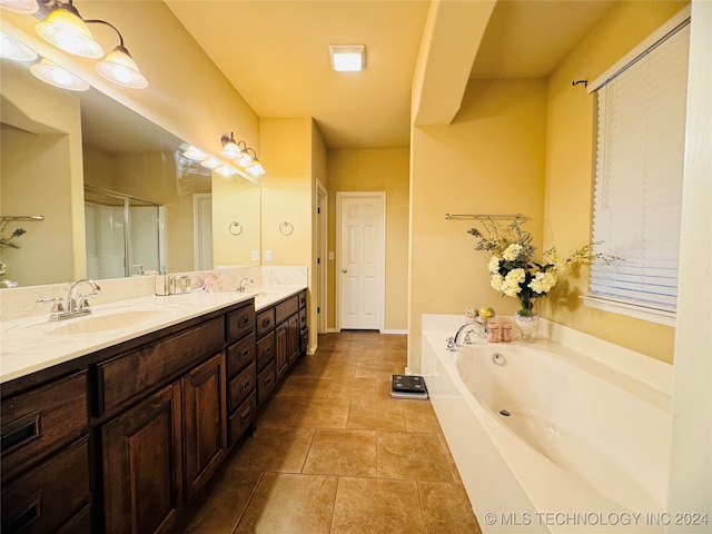 bathroom featuring vanity and independent shower and bath