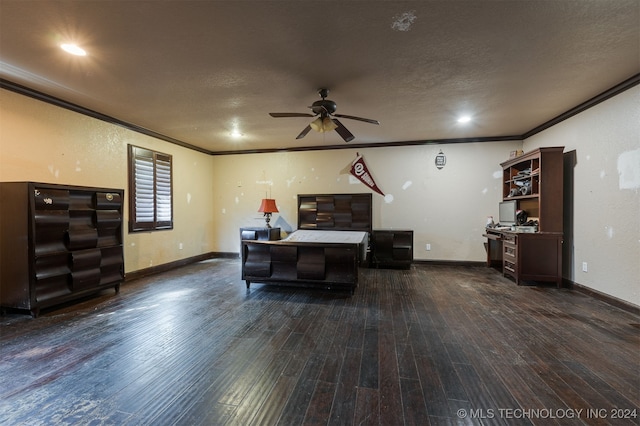 living room featuring a textured ceiling, dark hardwood / wood-style flooring, ceiling fan, and ornamental molding