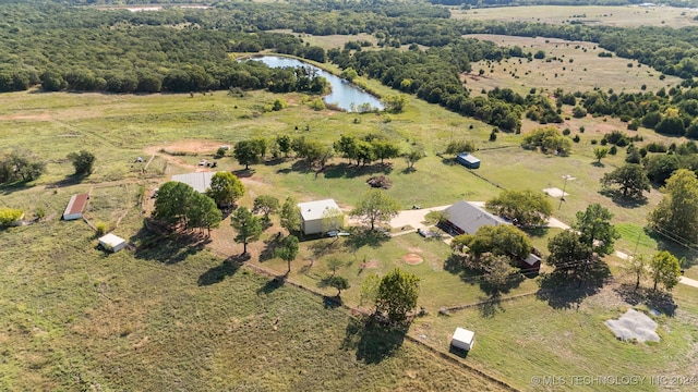 bird's eye view featuring a rural view and a water view