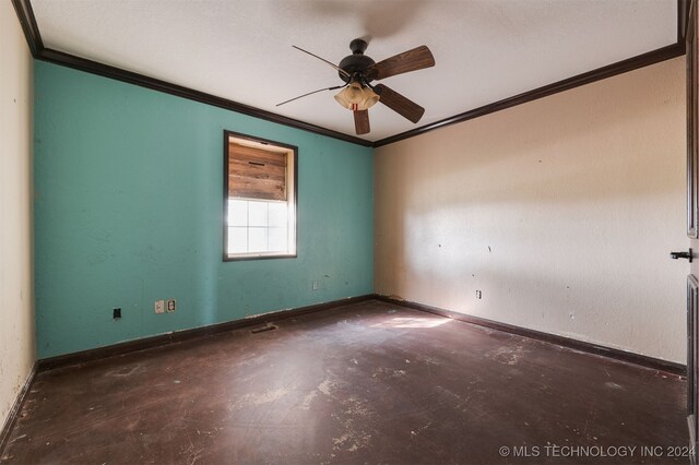 spare room featuring ceiling fan and ornamental molding