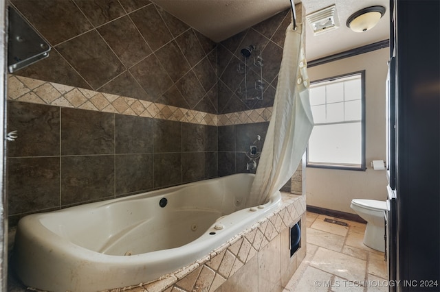 bathroom with shower / bathtub combination with curtain and toilet