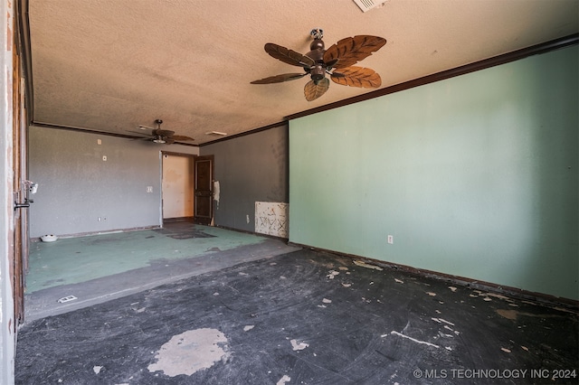 unfurnished room with a textured ceiling, ceiling fan, and ornamental molding