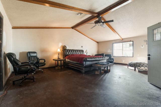 bedroom with ceiling fan, lofted ceiling with beams, concrete flooring, and a textured ceiling