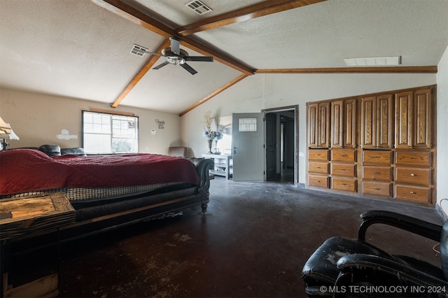 bedroom with concrete flooring, a textured ceiling, ceiling fan, high vaulted ceiling, and beamed ceiling