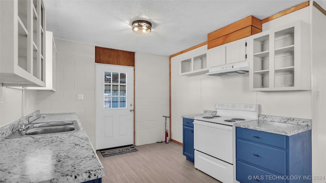 kitchen featuring a textured ceiling, sink, blue cabinetry, electric stove, and white cabinets