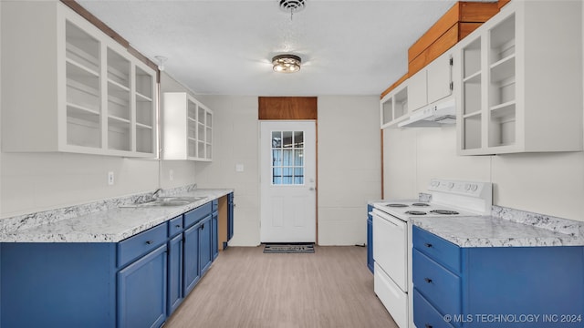 kitchen featuring white cabinetry, electric range, sink, blue cabinets, and light hardwood / wood-style floors