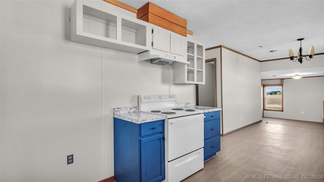 kitchen with light wood-type flooring, blue cabinetry, a notable chandelier, white range with electric cooktop, and white cabinetry