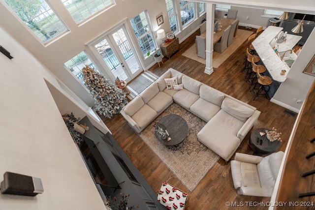 living room with dark hardwood / wood-style floors and a high ceiling