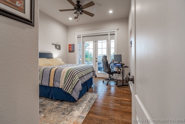 bedroom with access to outside, ceiling fan, and dark hardwood / wood-style floors