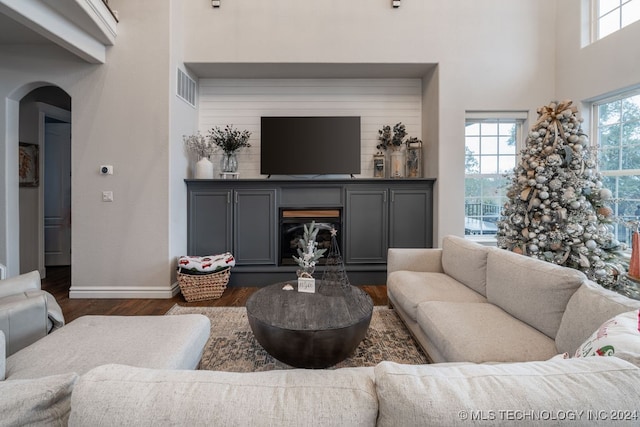 living room featuring dark hardwood / wood-style flooring and a towering ceiling