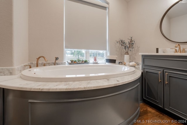 bathroom with a tub, vanity, and wood-type flooring