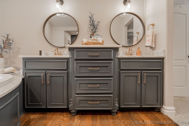 bathroom with hardwood / wood-style flooring and vanity