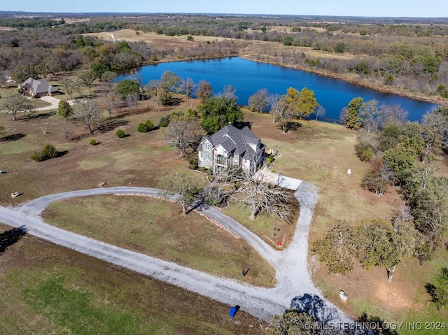 drone / aerial view featuring a water view