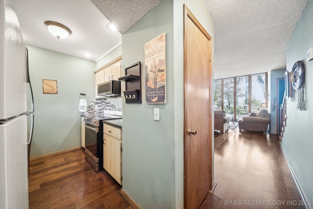 kitchen featuring floor to ceiling windows, light brown cabinets, dark hardwood / wood-style floors, a textured ceiling, and stainless steel appliances