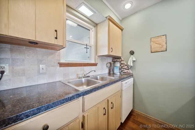 kitchen with dishwasher, backsplash, sink, light brown cabinetry, and dark hardwood / wood-style flooring