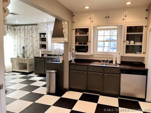 kitchen with gray cabinetry, a wealth of natural light, sink, and stainless steel dishwasher