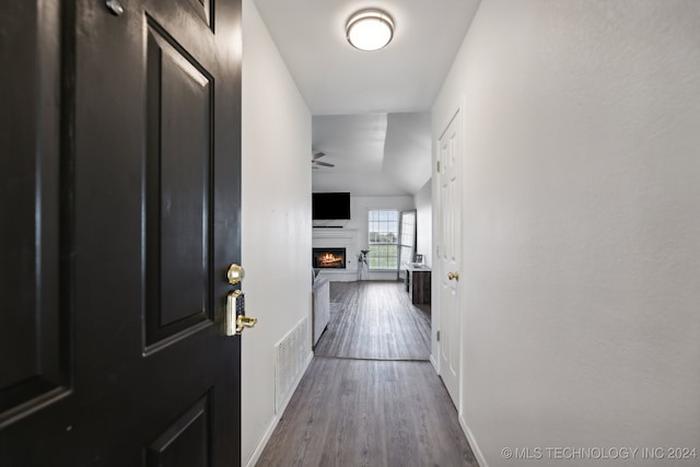 hall featuring lofted ceiling and wood-type flooring