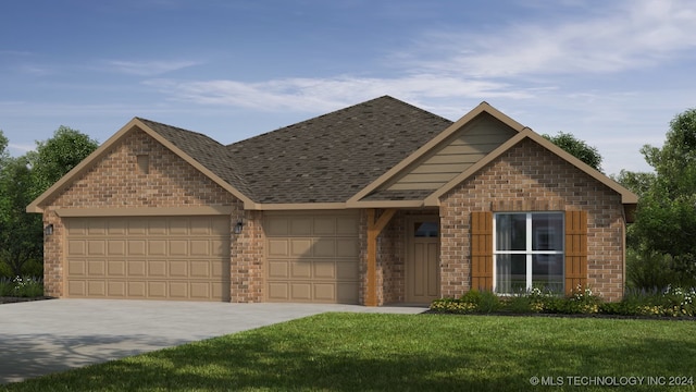 view of front facade featuring brick siding, a shingled roof, concrete driveway, an attached garage, and a front lawn