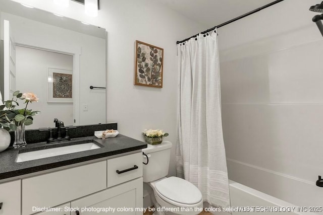 full bath with vanity, toilet, and shower / bathtub combination with curtain