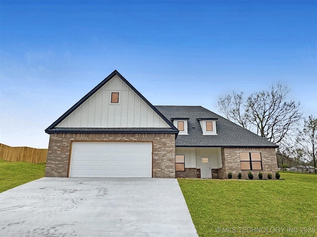 890 E Harlan Dr, Tahlequah, OK 74464 - modern inspired farmhouse featuring a front yard, roof with shingles, concrete driveway, brick siding, and a garage