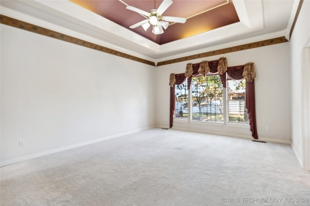 spare room with light colored carpet, a raised ceiling, and ceiling fan