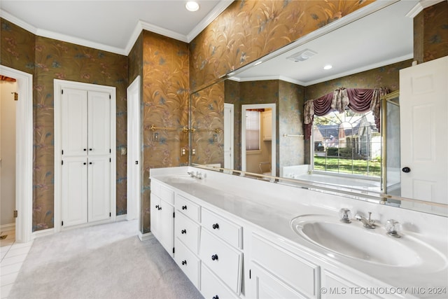 bathroom with tile patterned floors, vanity, and ornamental molding