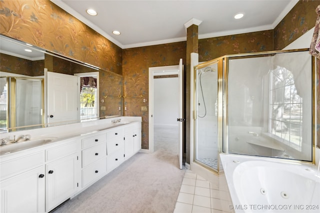 bathroom with tile patterned floors, vanity, independent shower and bath, and ornamental molding