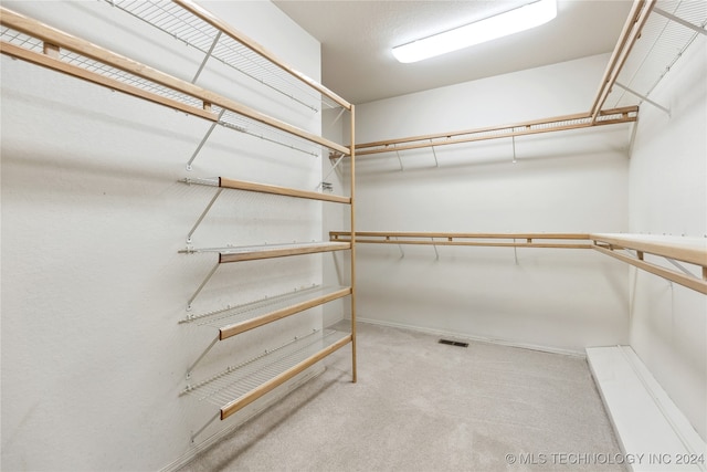 walk in closet featuring light carpet