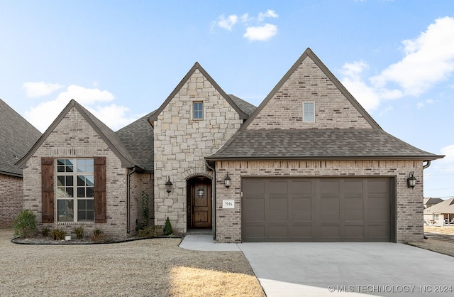 7916 N 145th E Ct, Owasso, OK 74055 - french country inspired facade with concrete driveway, a shingled roof, a garage, and brick siding
