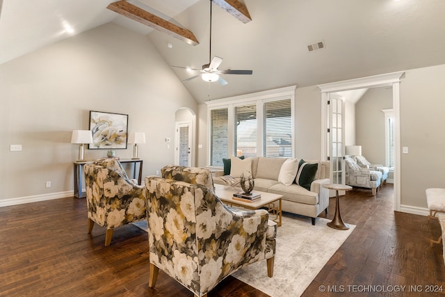 living room with beam ceiling, dark hardwood / wood-style flooring, high vaulted ceiling, and ceiling fan